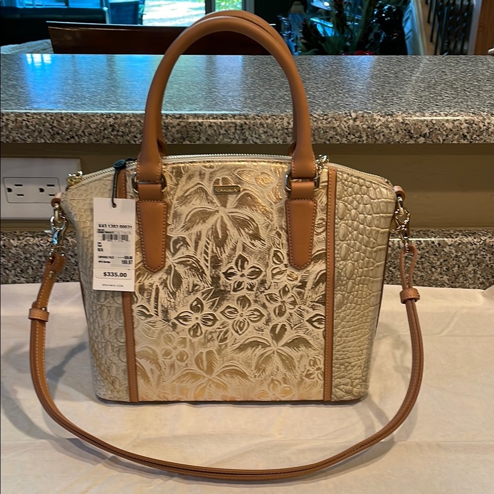 Brahmin Cream and Tan Embossed Floral Satchel